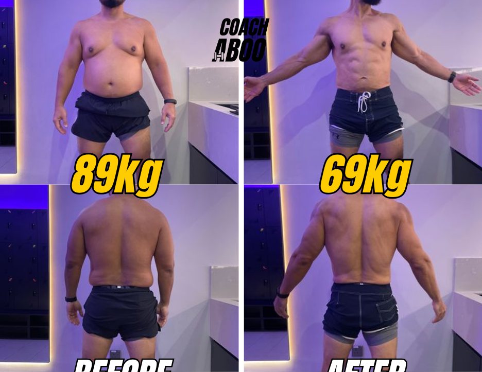 Client before and after: 89kg to 69kg
